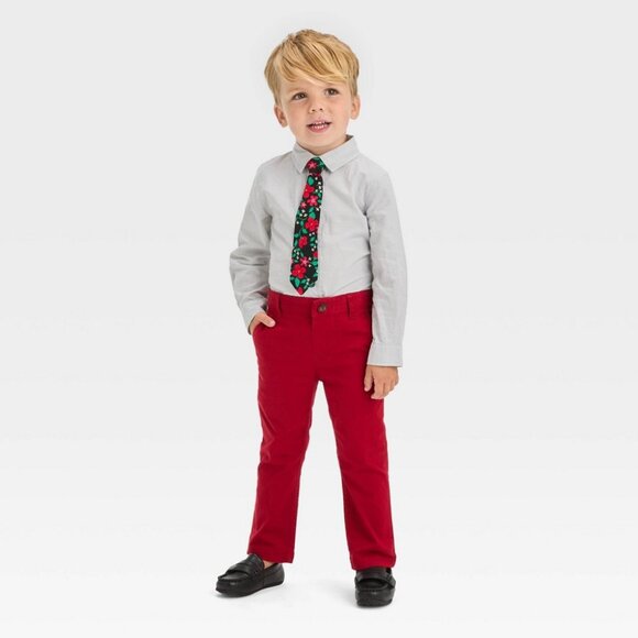 NEW! 3pc Toddler Boys' Long Sleeve Woven Shirt, Tie, and Pants Set - 12M - Picture 1 of 7